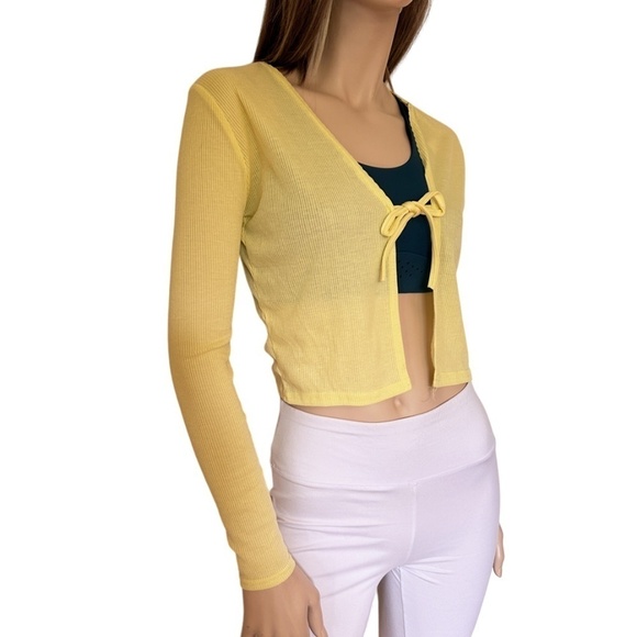 PrettyLittleThing Cardigan Sweater Yellow Lightweight Long Sleeve Front Tie NWOT - Picture 2 of 12
